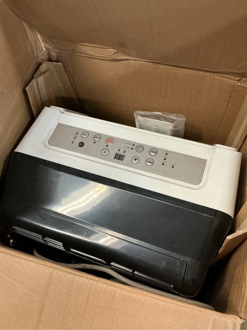Condition photo showing As Is for 14,000 btu portable air conditioner, 3 in-1 standing ac unit with dehumidifier and fan, remote and led touch panel, sleep mode, window kit, cools up to 750 sq.ft., quiet operation, black top 14000 btu