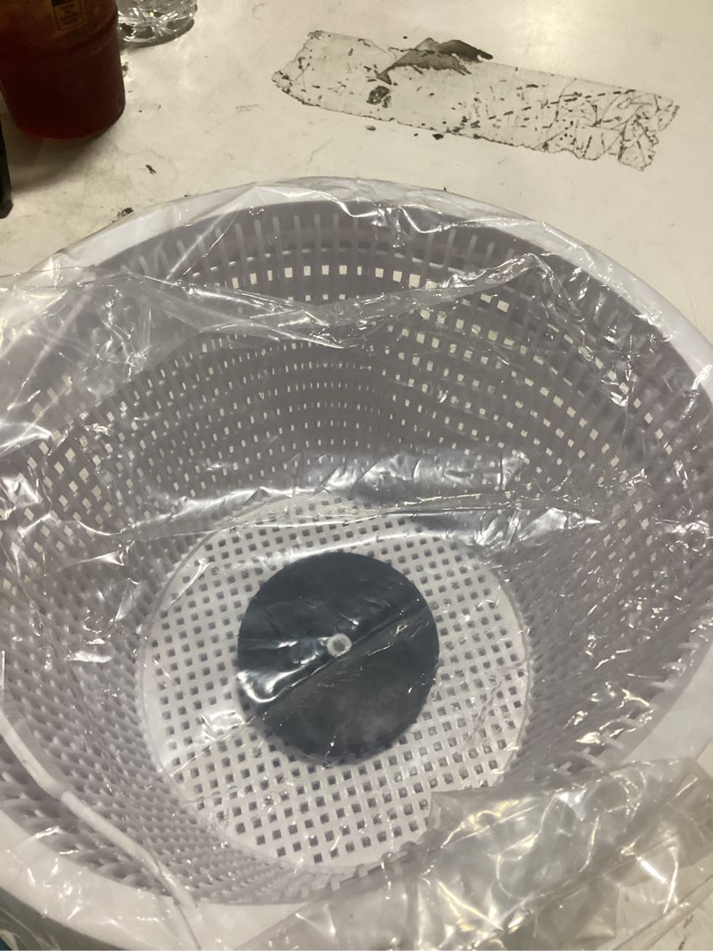 Condition photo showing As Is for u.s. pool supply weighted inground pool skimmer basket (set of 2) - skimmer filter basket, skims leaves – compatible with hayward spx1070e, prevent pump clogs - 8" top, 5.5" bottom, 5" deep white