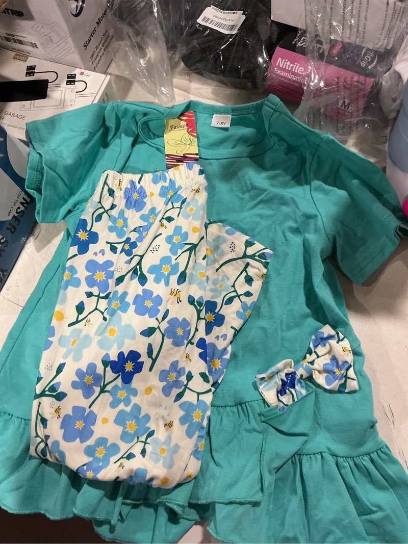 Condition photo showing Good Condition for toddler girl clothes 2-8years girls outfit, short sleeve ruffle bowknot top+floral capri pants 2pcs spring summer set lake green 7-8 years