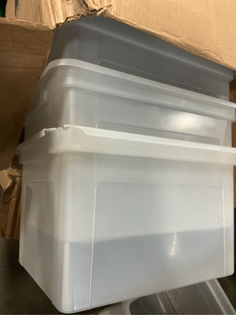 Condition photo showing As Is for iris usa file box, plastic file organizer with lids for letter/legal file, portable document box for moving, storage bin with durable and secure lid, stackable nestable bpa-free, clear 35 qt. 4 pack