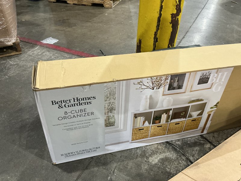 Condition photo showing As Is for better homes & gardens 8 cube storage organizer, white texture