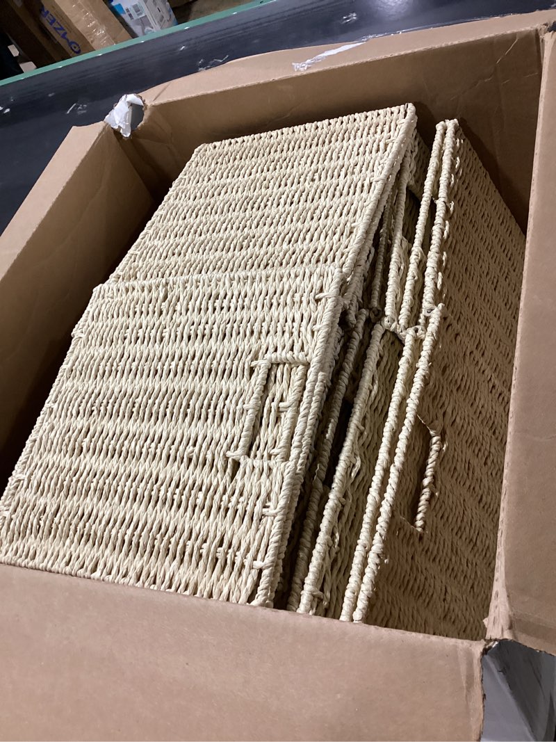 Condition photo showing As Is for Vagusicc Wicker Storage Basket, Set of 2 Hand-Woven Paper Rope Storage Baskets, Foldable Cube Storage Organizer Bins, 11 Inch Wicker Storage Baskets for Shelves and Decor, Square Storage Basket, Beige Beige 11'' x 11'' x 11''