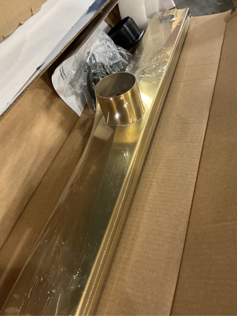 Condition photo showing New/Like New for sanitemodar linear shower drain, gold shower drain 24 inch with removable grate,brushed 304 stainless steel linear drain with hair strainer & leveling feet brushed gold 24 inch
