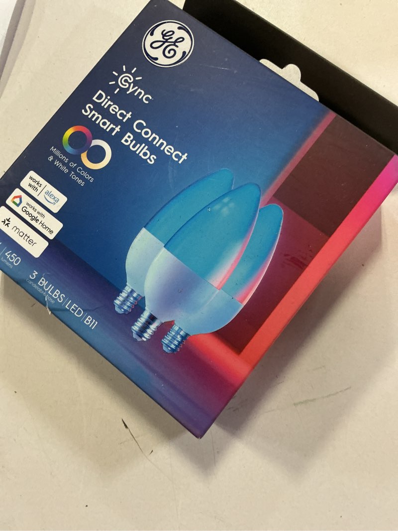 Condition photo showing New/Like New for GE Cync Smart LED Light Bulbs, Color Changing Decorative Light Bulbs, Indoor WiFi Lights, Matter Compatible, Compatible with Alexa and Google Home, Candelabra Base (3 Pack)