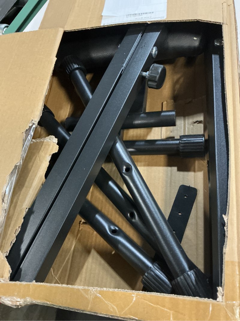 Condition photo showing As Is for keyboard stand piano bench set, double x adjustable keyboard stand piano stand with lockable straps, (piano keyboard stand x 1, piano bench x 1), (7 adjustable heights), black