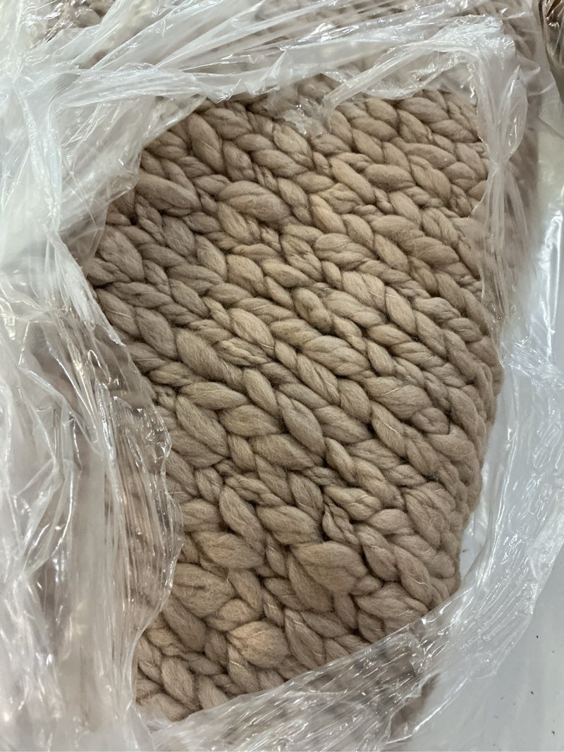 Condition photo showing Good Condition for chunky hand knit wool throw, 50x60, neutral