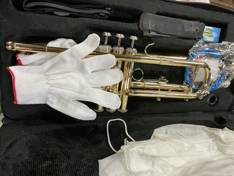 Condition photo showing Good Condition for yayuzest bb standard trumpet set for beginner and advanced student, brass student trumpet instrument with hard case, cleaning kit, 7c mouthpiece and gloves (gold)