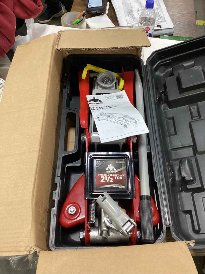 Condition photo showing As Is for jack boss floor jack 2.5 ton (5500 lbs) hydraulic low profile trolley car jack with portable storage case, lifting range 3.5" to 14", fit use for automotive sedans, red 2.5 ton with case red