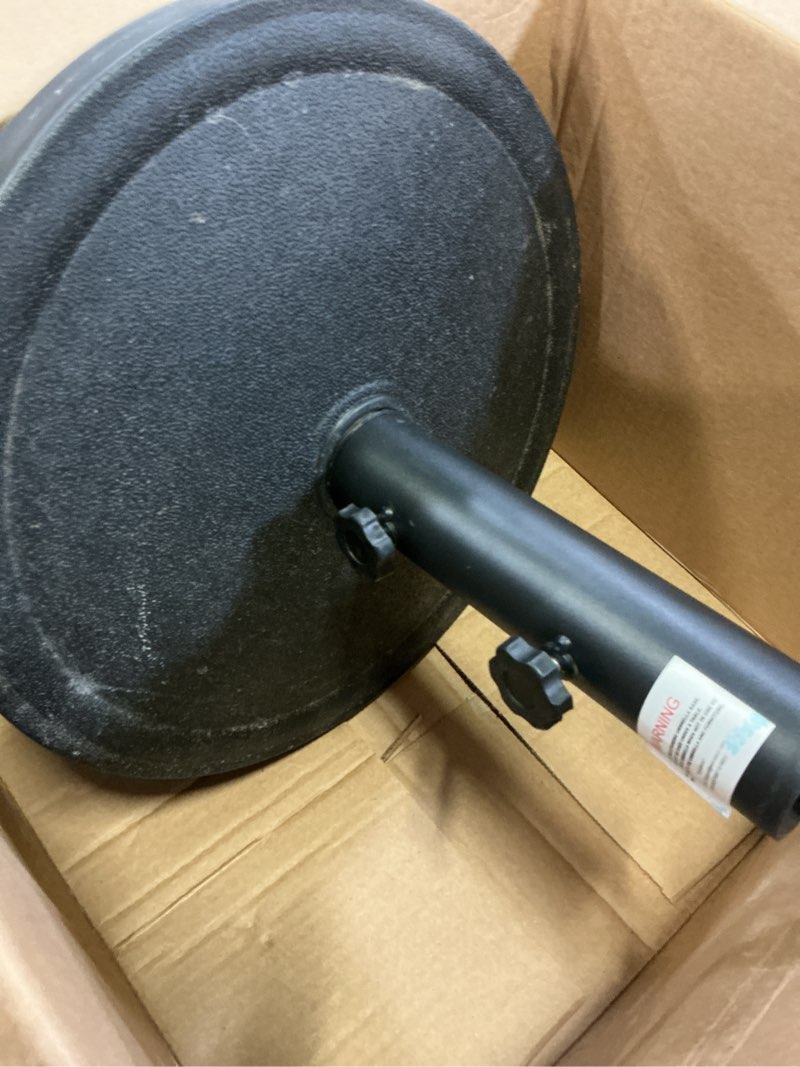 Condition photo showing As Is for mainstays outdoor 26lb steel round umbrella base, black finish