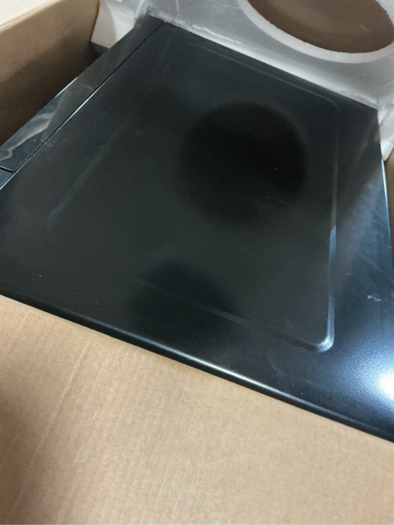 Condition photo showing As Is for 0.9 cu. ft. 900 watt countertop microwave, in black