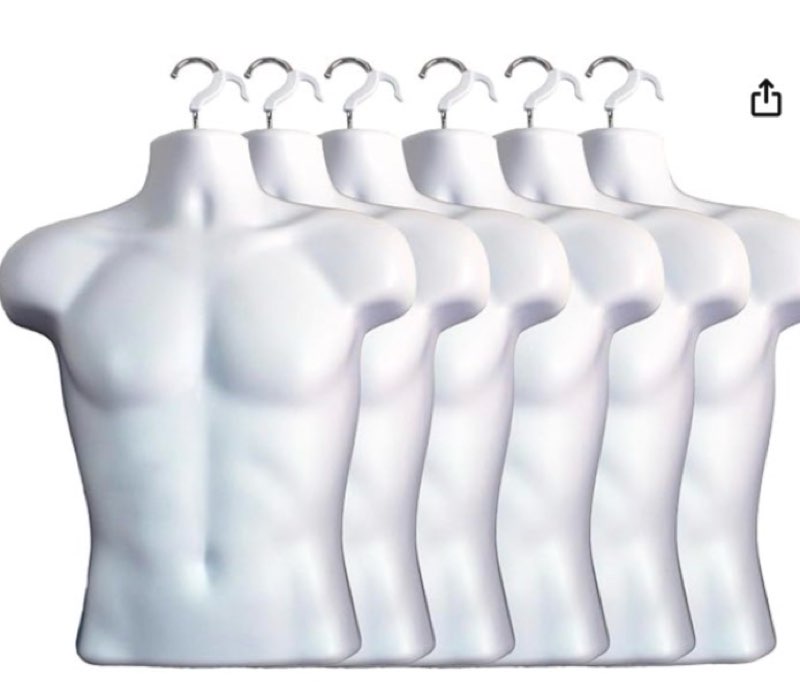 displaytown male mannequin torso hollow back body stackable dress form with hanging hooks for tshirt display, countertop, craft shows, photos and design, s-m clothing size (white, set of 6)