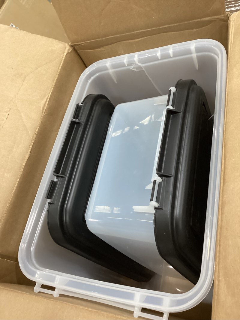 Condition photo showing Good Condition for IRIS USA Dog Food Storage Container, 30 lbs & 11 lbs Combo, Cat Food Storage Container, Dog Treat Container, Airtight, Stackable, 2-Cup Scoop, Wheels, Easy Mobility, Black 30 lbs + 11 lbs Black
