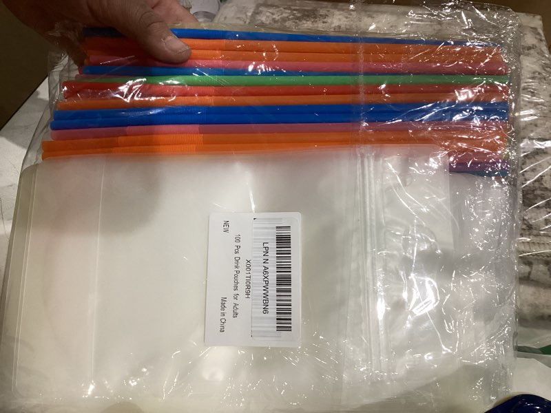 Condition photo showing New/Like New for 100 pcs drink pouches with 100 straw holes, freezable juice pouches, translucent reclosable zipper plastic pouche drink bags for cold & hot drinks for adults and kids 100pcs drink pouches