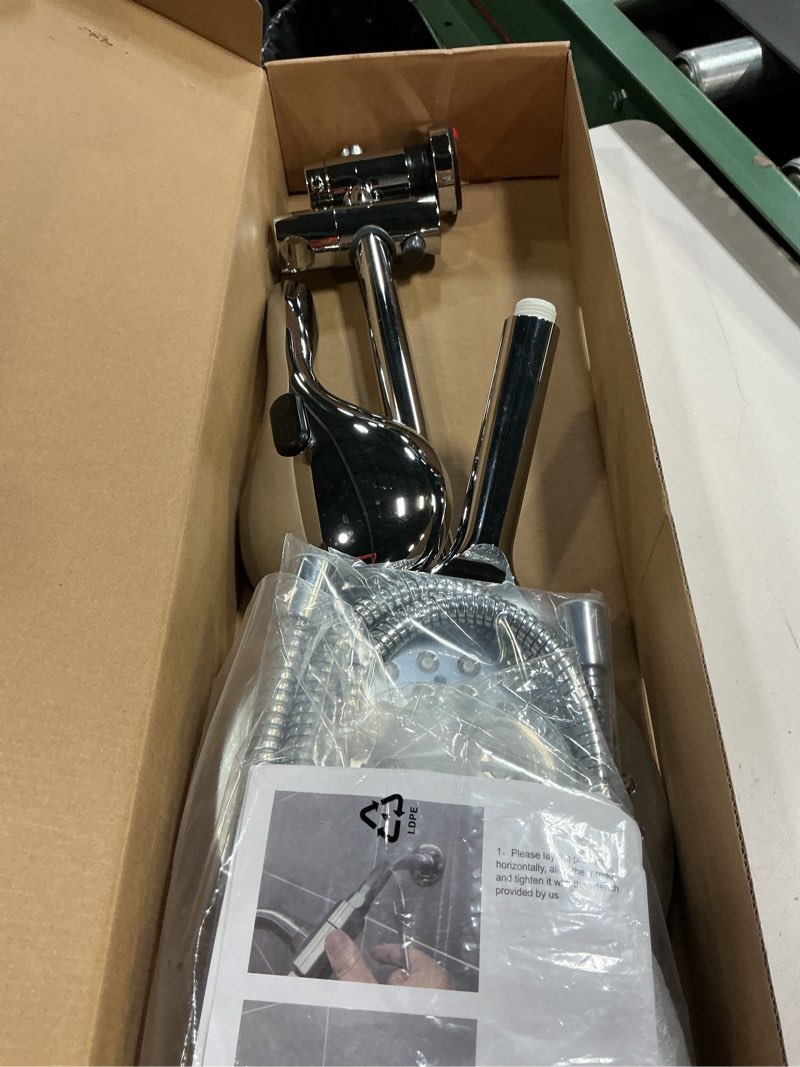 Condition photo showing As Is for 7.5" rotatable dual shower head with handheld combo, kids friendly low 3-way diverter, adjustable slide bar for whole family use, enjoy high pressure rainfall spa shower, polished chrome finish