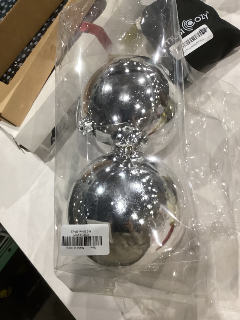 Condition photo showing New/Like New for damaged box silver 6.0\\\" christmas balls - extra large christmas tree decorations shiny shatterproof balls hanging ornaments for wedding birthday holiday decorations set of 2pcs