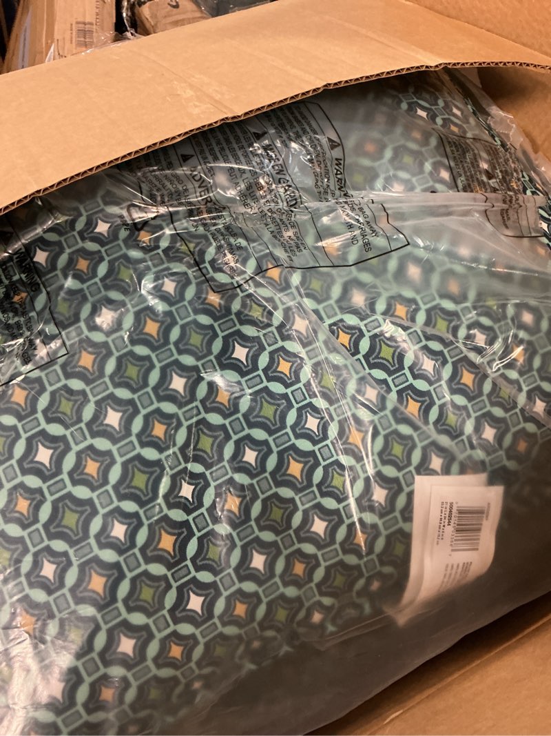 Condition photo showing As Is for arden selections outdoor deep seat cushion set  24 x 24  water repellent  fade resistant  deep seat bottom and back cushion for chair  sofa  and couch  24 x 24  alana tile
