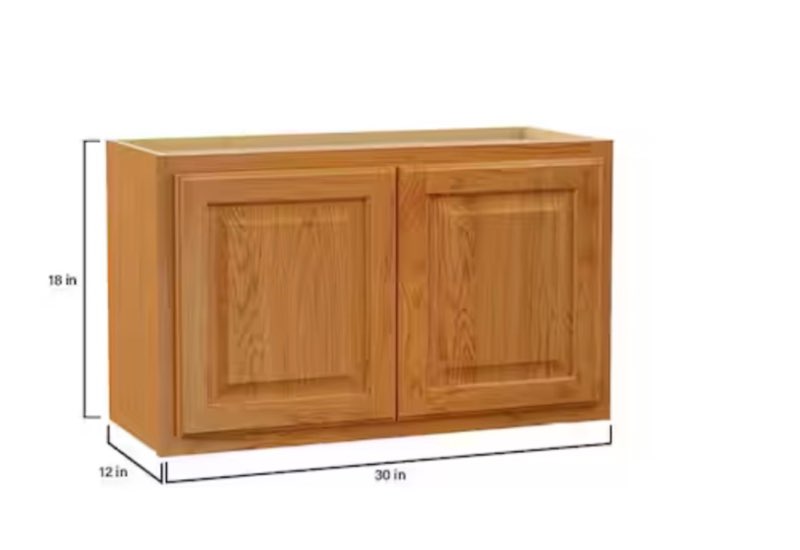 Condition photo showing Good Condition for hampton 30 in. w x 12 in. d x 12 in. h assembled wall bridge kitchen cabinet(2pack) ///hampton 30 in. w x 12 in. d x 18 in. h assembled wall bridge kitchen cabinet in medium oak(1pack)