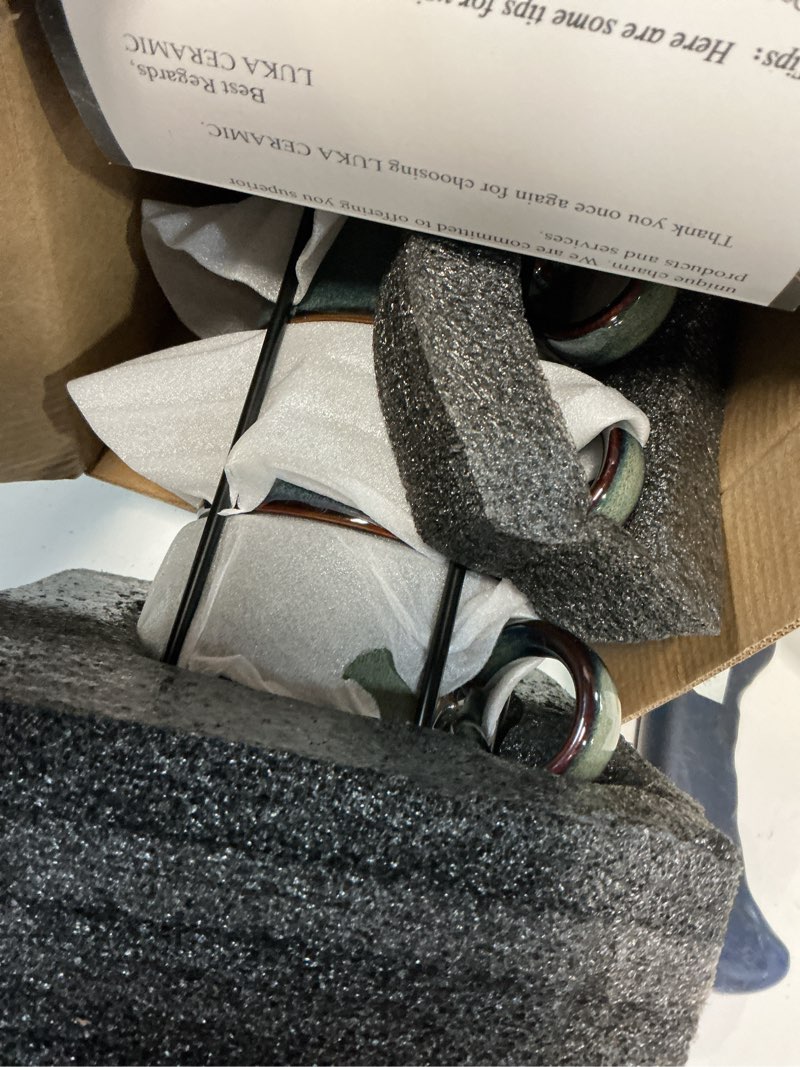 Condition photo showing New/Like New for luka 6 ounce porcelain stackable espresso cups with saucers and metal stand set of 4, ceramic cappuccino cups set for specialty coffee drinks, latte, cafe mocha and tea, reactive dark green