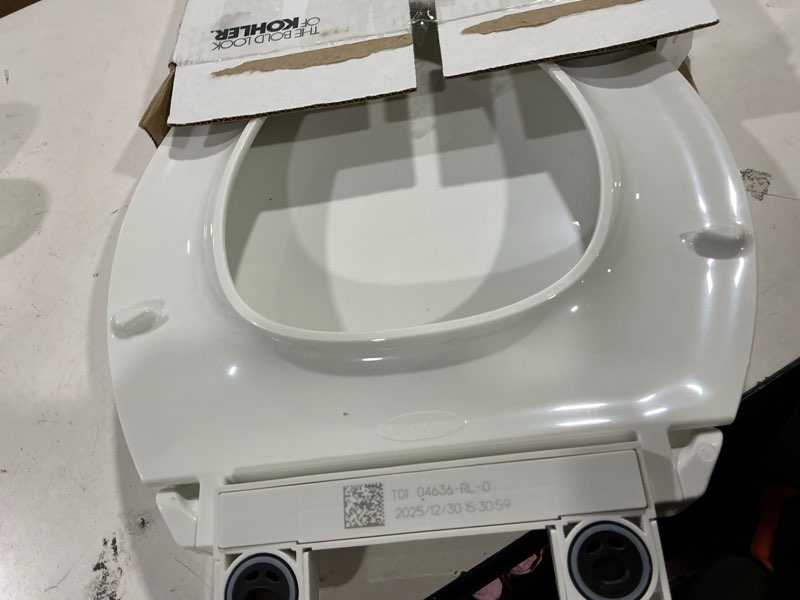 Condition photo showing As Is for kohler 4636-rl-0 cachet readylatch elongated toilet seat slow close, soft close toilet seat quiet lid, contoured grip-tight bumpers installation hardware, apartment essentials, white white elongated ready latch