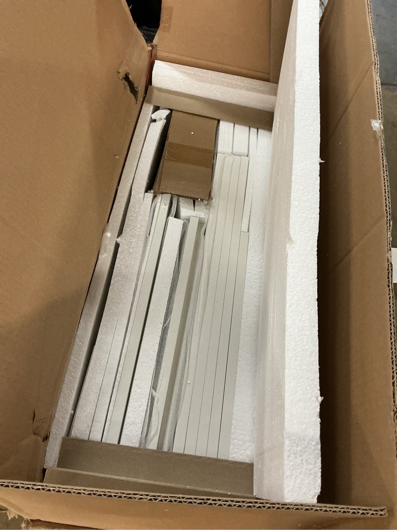Condition photo showing As Is for Merax Modern TV Stand Set w/Adjustable Bridge, Storage Media Console & Wall Units - Minimalist Entertainment Center for Living Room, White 15 inches (W) x 103 inches (L) x 76.9 inches (H) White INCOMPLETE SET 