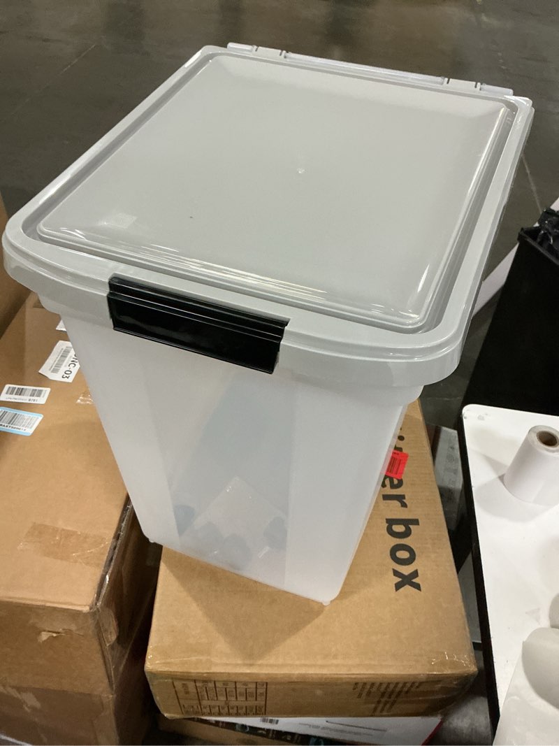 Condition photo showing New/Like New for iris usa airtight dog food storage container, weatherpro, up to 50 lbs, removable wheels, for dog cat bird and other pet food storage bin, keep fresh, translucent body, made in usa, clear/gray 50 lbs gray