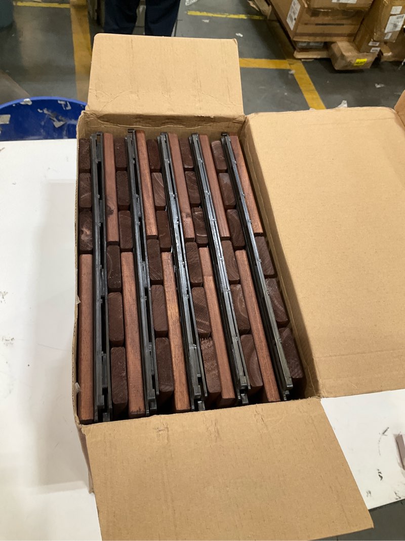 Condition photo showing Good Condition for 10 pcs deck tiles, patio flooring - outdoor waterproof acacia wood tiles for all weather use - balcony, backyard, indoor & outdoor (dark brown crossed pattern, 10 square ft) dark brown crossed pattern 10 pcs - 10 square ft