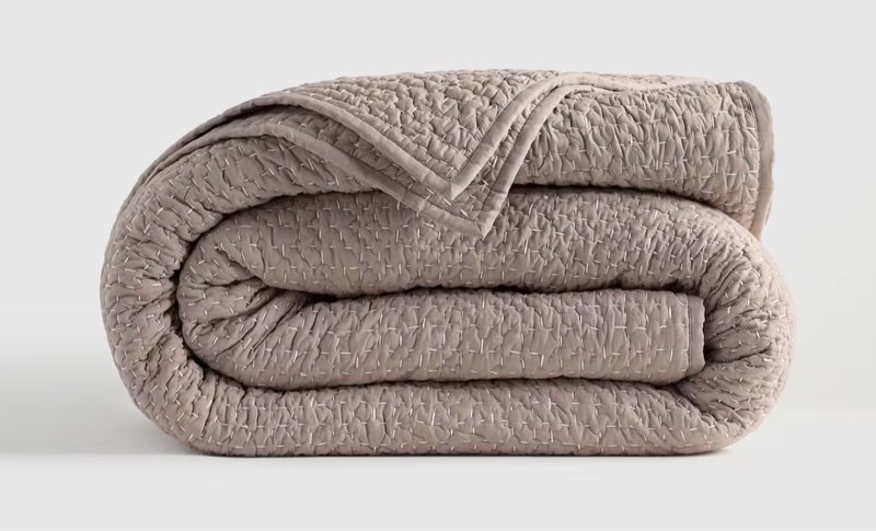 quince organic cotton hand stitched quilt 108”x92” stone