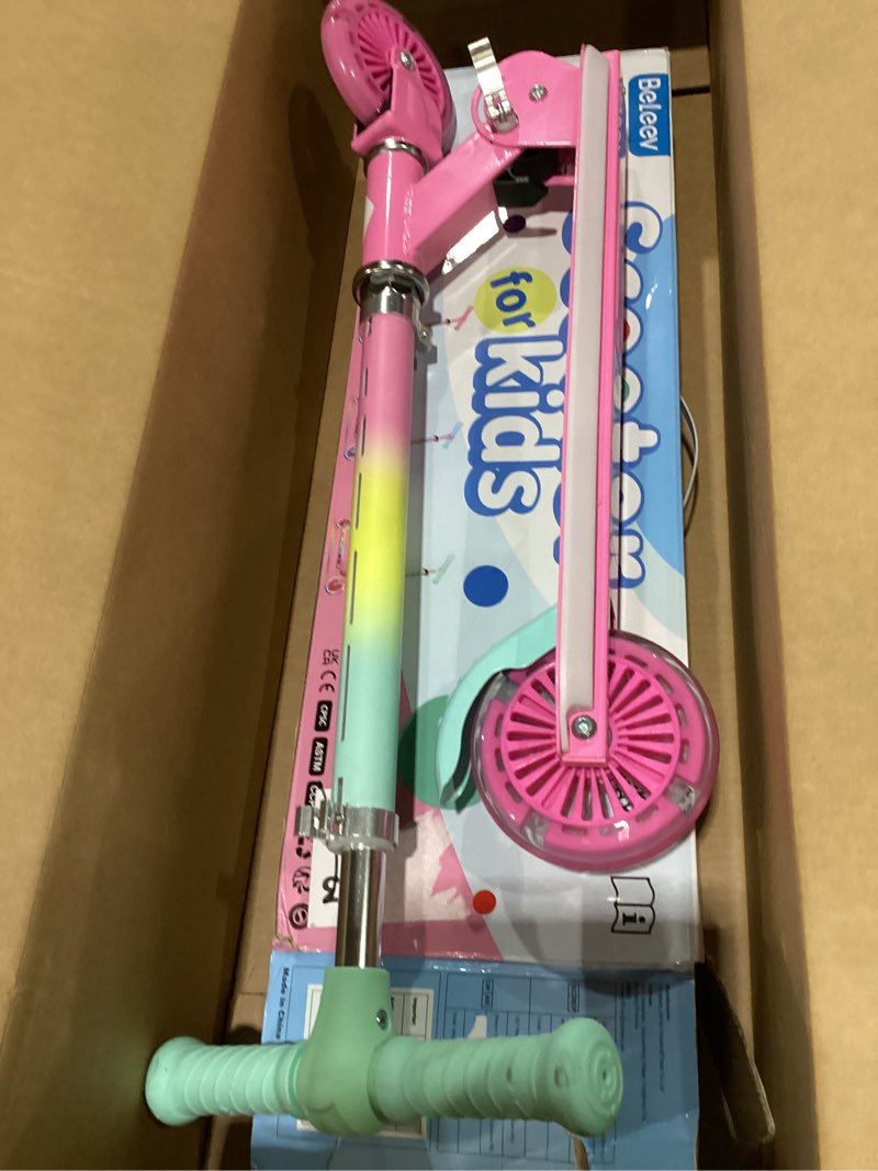 Condition photo showing New/Like New for BELEEV V2 Scooters for Kids with Light-Up Wheels & Stem & Deck, 2 Wheel Folding Scooter for Girls Boys, 3 Adjustable Height, Non-Slip Pattern Deck, Lightweight Kick Scooter for Children Ages 3-12 Pink