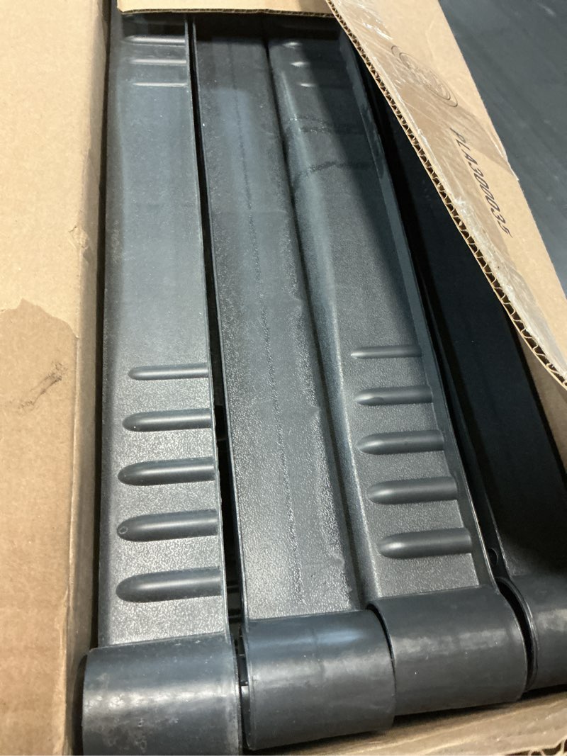 Condition photo showing As Is for plano 4-shelf plastic storage shelves, 48” x 23” x 14”, 200lb capacity, pantry, office, closet and garage shelves, easy to assemble, durable plastic shelving unit