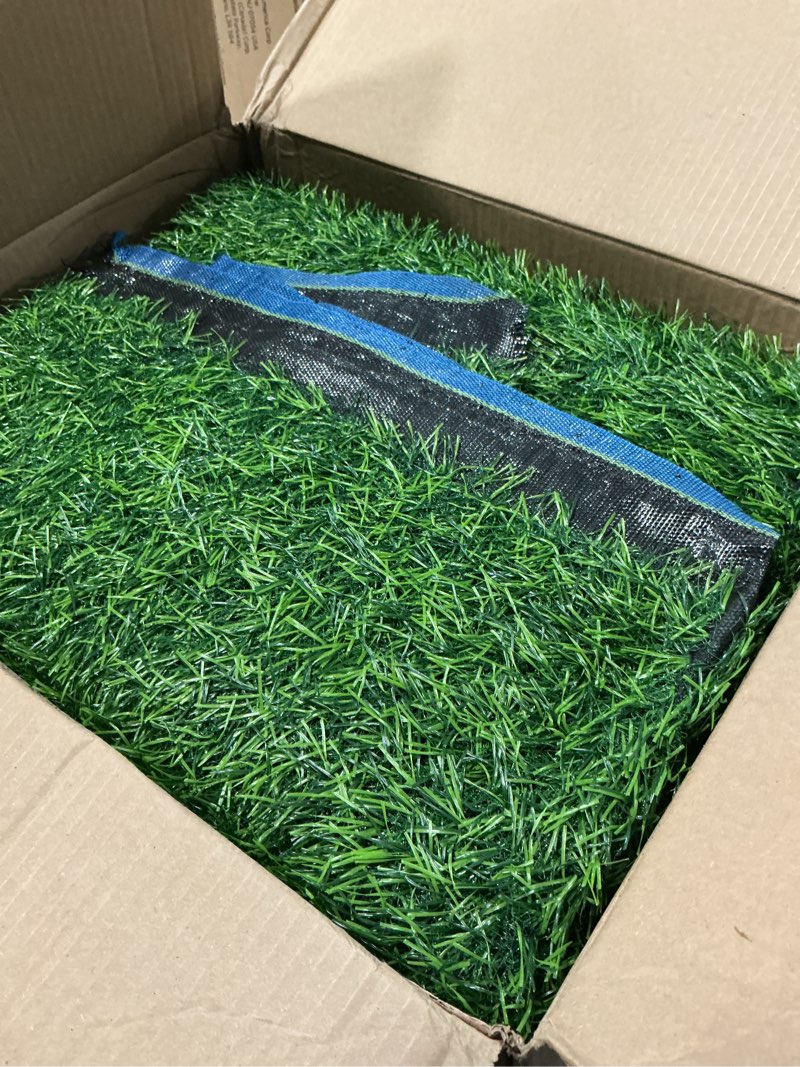 Condition photo showing As Is for fasmov green artificial grass rug grass carpet rug 3.2' x 6.5', realistic fake grass deluxe turf synthetic turf thick lawn pet turf -perfect for indoor/outdoor