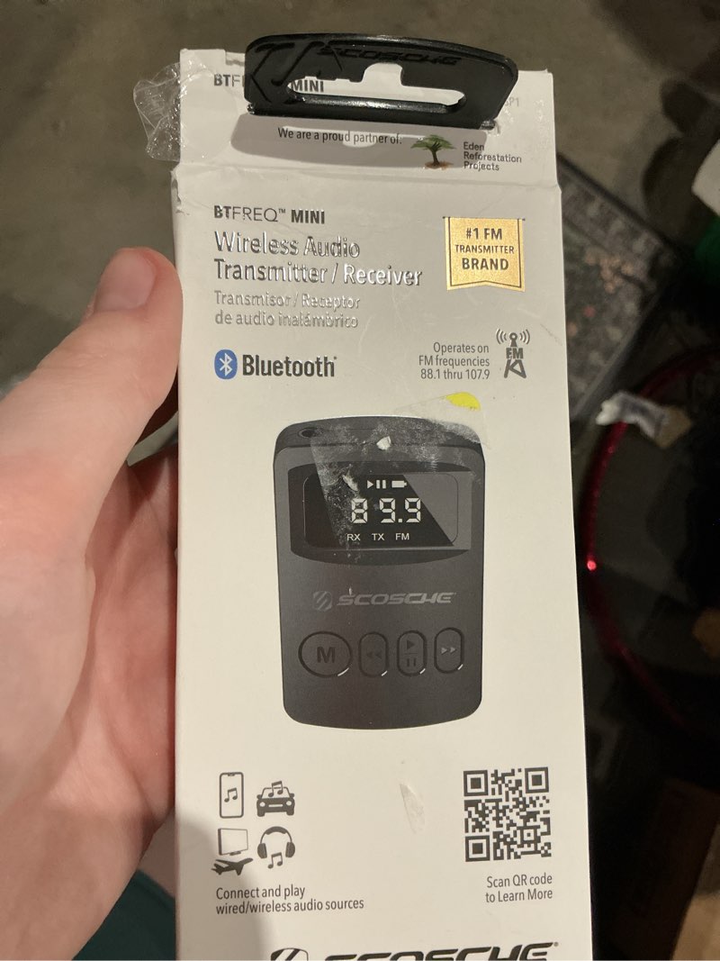 Condition photo showing As Is for scosche portable bluetooth fm transmitter/receiver compatible w/ home/car stereo, airplane bttrfm-sp1