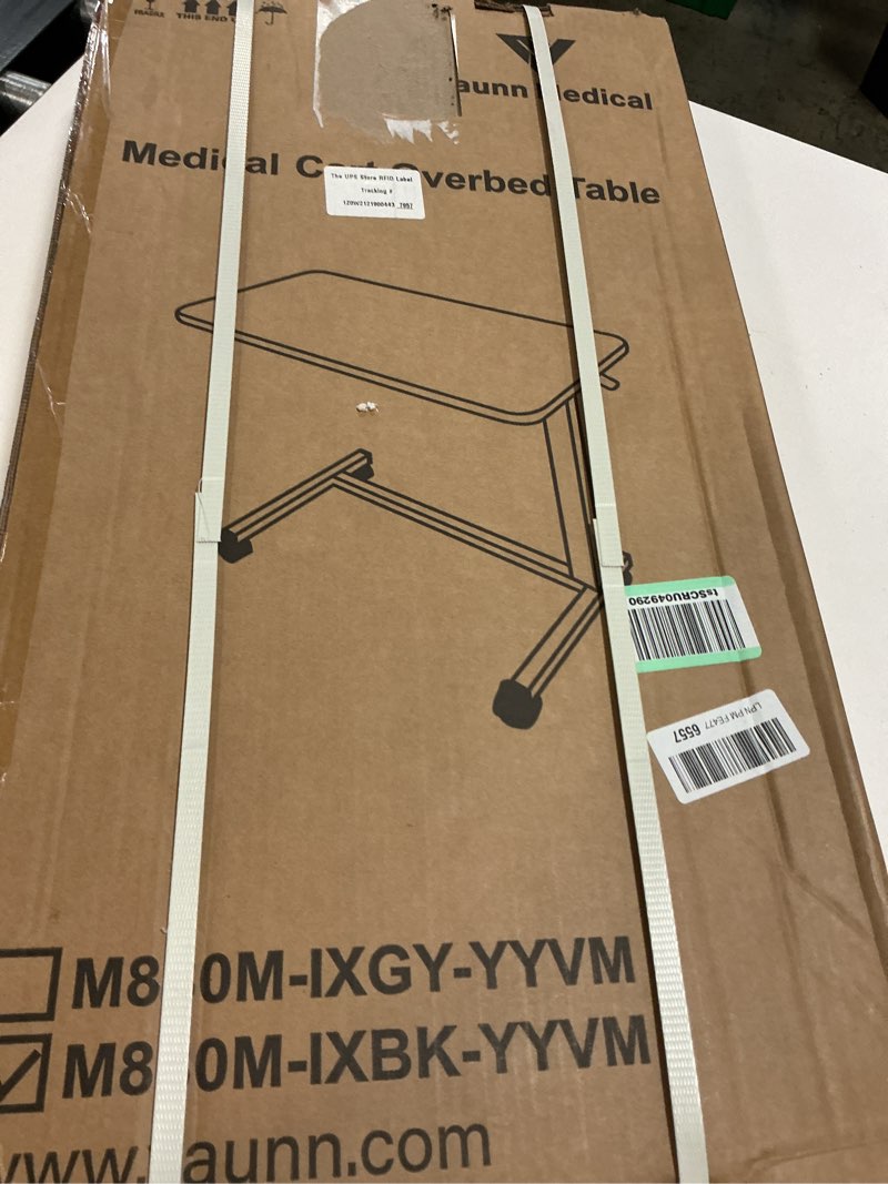 Condition photo showing New/Like New for vaunn medical adjustable overbed bedside table with wheels (hospital and home use) black