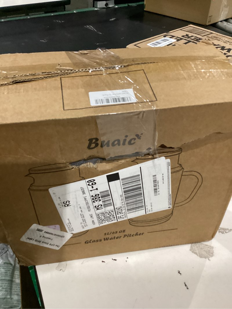 Condition photo showing As Is for Buaic 2 PACK Glass Pitcher with Lid, 68 oz/ 2 Liter Classic Vertical Stripes Water Pitcher with Hand