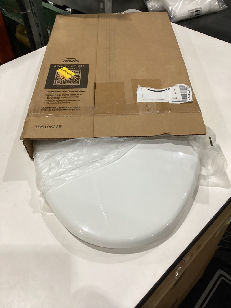 Condition photo showing As Is for used mayfair caswell modern slow close toilet seat, durable plastic, elongated, white elongated 1 seat