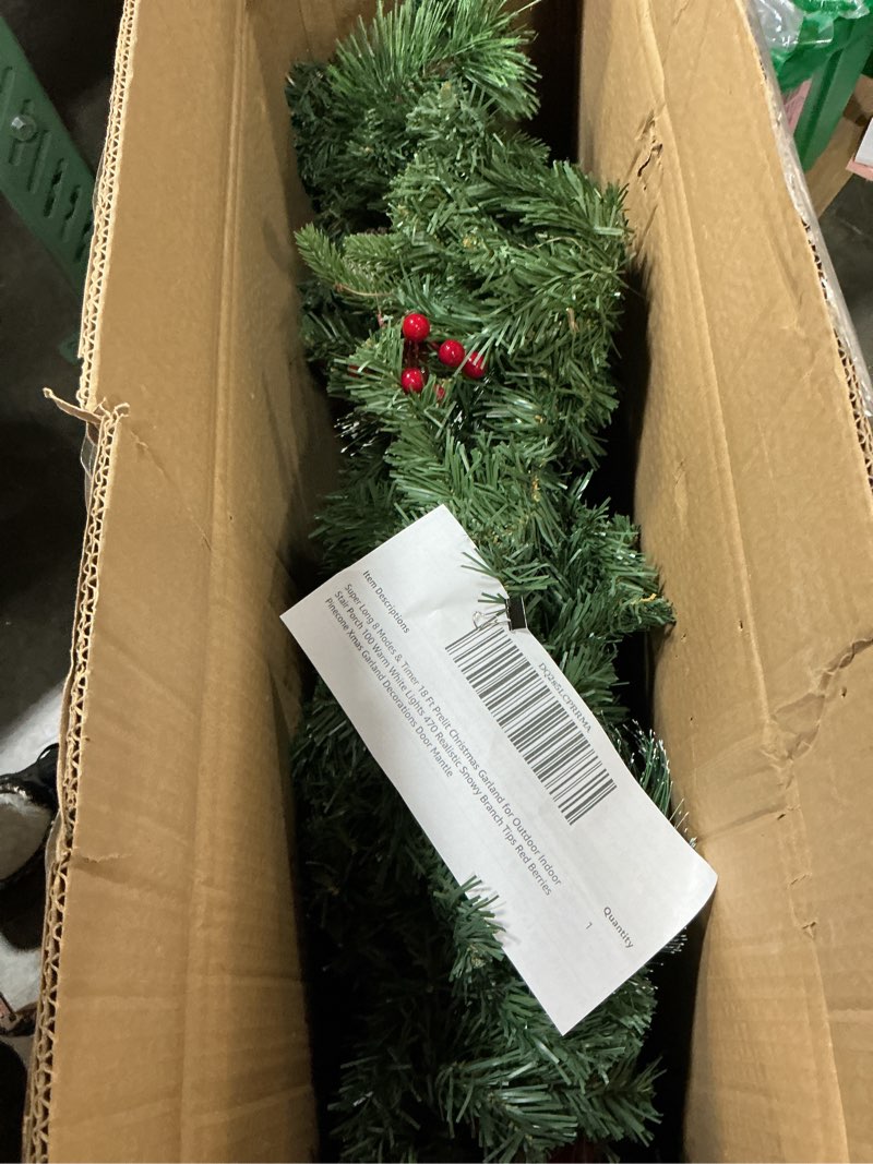 Condition photo showing As Is for Super Long 8 Modes & Timer 18 Ft Prelit Christmas Garland for Outdoor Indoor Stair Porch 100 Warm White Lights 470 Realistic Snowy Branch Tips Red Berries Pinecone Xmas Garland Decorations Door Mantle