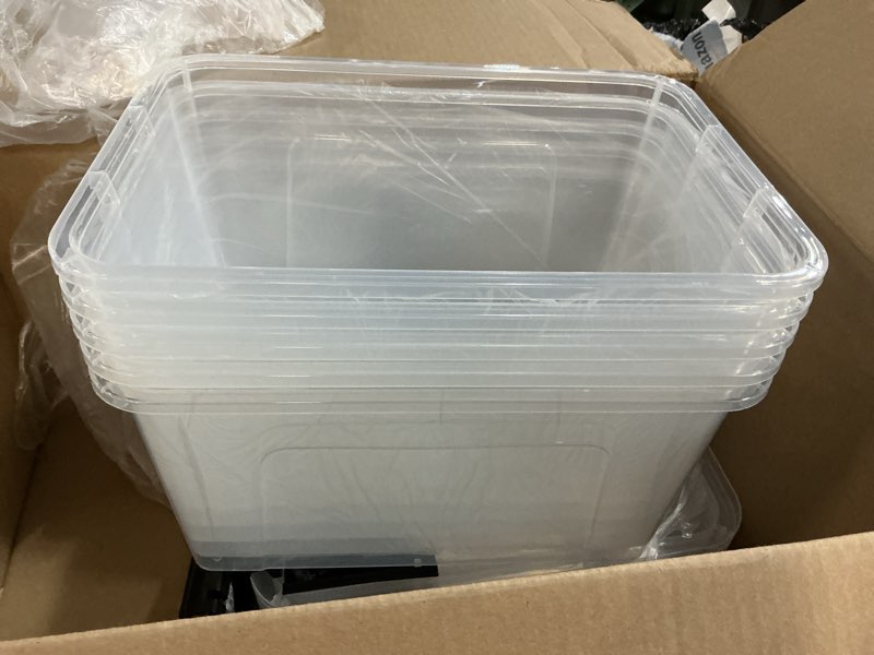Condition photo showing Good Condition for ( incomplete ) 19 quart plastic storage bins with lids, 6-pack stackable clear storage organizing box with handle 19 qt clear