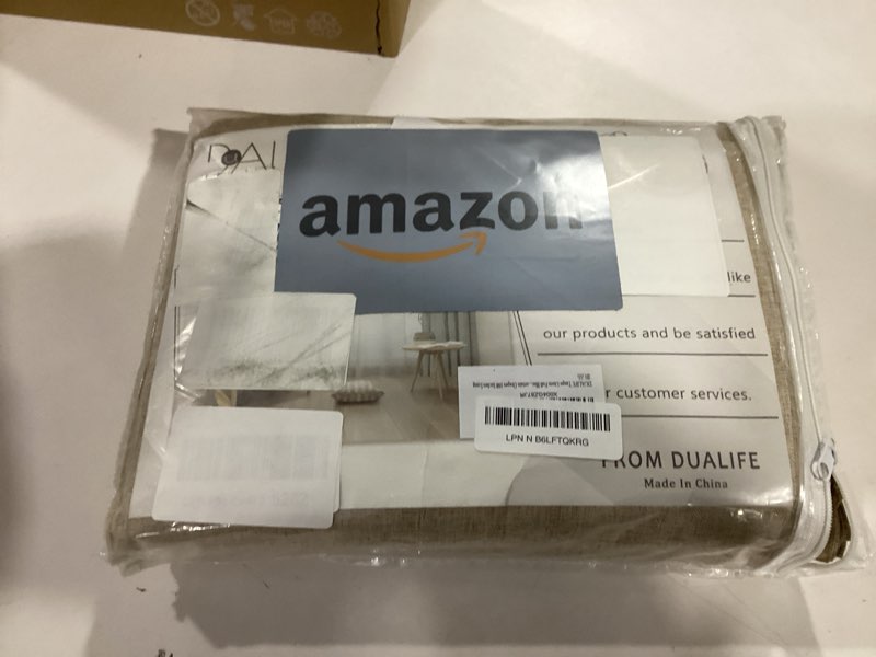 Condition photo showing New/Like New for DUALIFE Taupe Linen Full Blackout Curtains 108 Inch Length 2 Panels Set for Living Opaque Privacy Back Tab Thermal Insulated 100% Black Out Room Darkening 9ft Window Curtain Drapes 108 Inches Long 50"W x 108"L (Pack of 2) Taupe