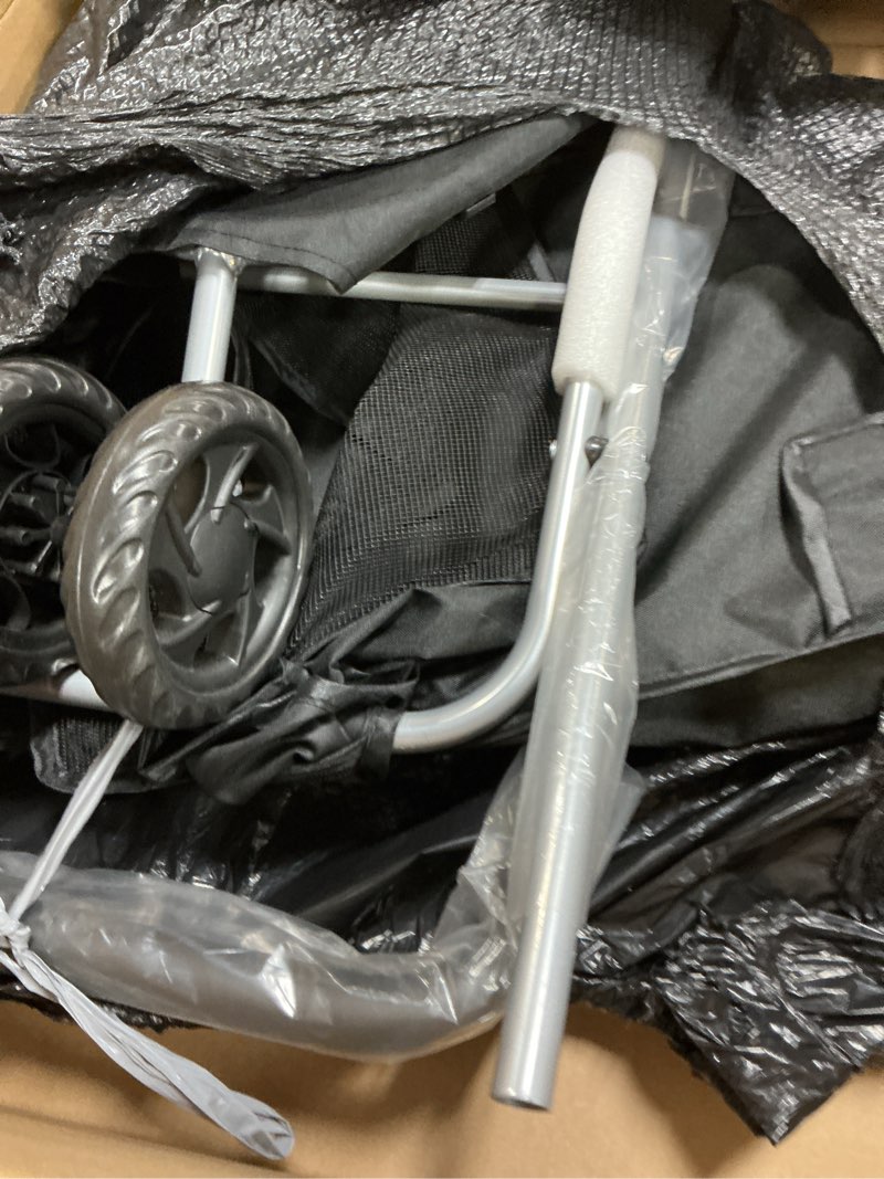 Condition photo showing As Is for NEWBULIG 3 Wheel Pet Stroller for Dogs and Cats, Foldable, Lightweight and Durable, Ideal for Small to Medium Pets, Includes Storage Basket and Cup Holders Black