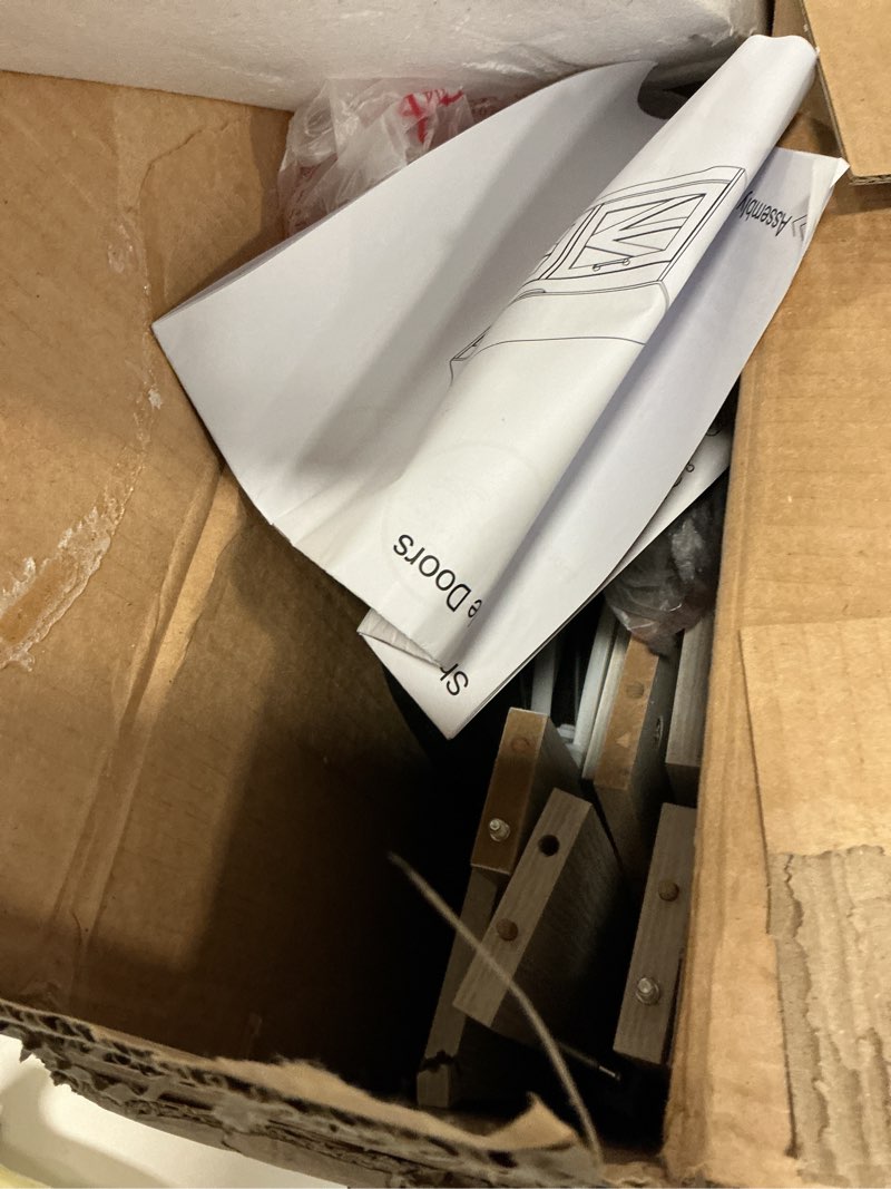 Condition photo showing As Is for 2-Tier Storage Bench, Shoe Bench with Padded Seat Cushion, Entryway Bench with 2 Barn Doors, Adjustable Shelf, 13.8" D x 39.4" W x 17.7" H, for Entryway, Living Room, Bedroom, White 13.8"D x 39.4"W x 17.7"H White