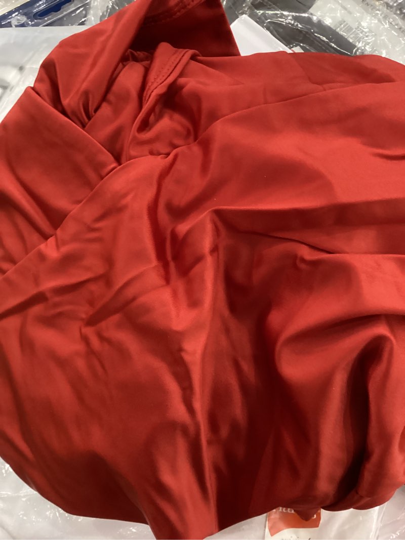 Condition photo showing Good Condition for lagshian women's summer v neck sleeveless bodycon ruched irregular hem cocktail party satin flowy maxi dress red small