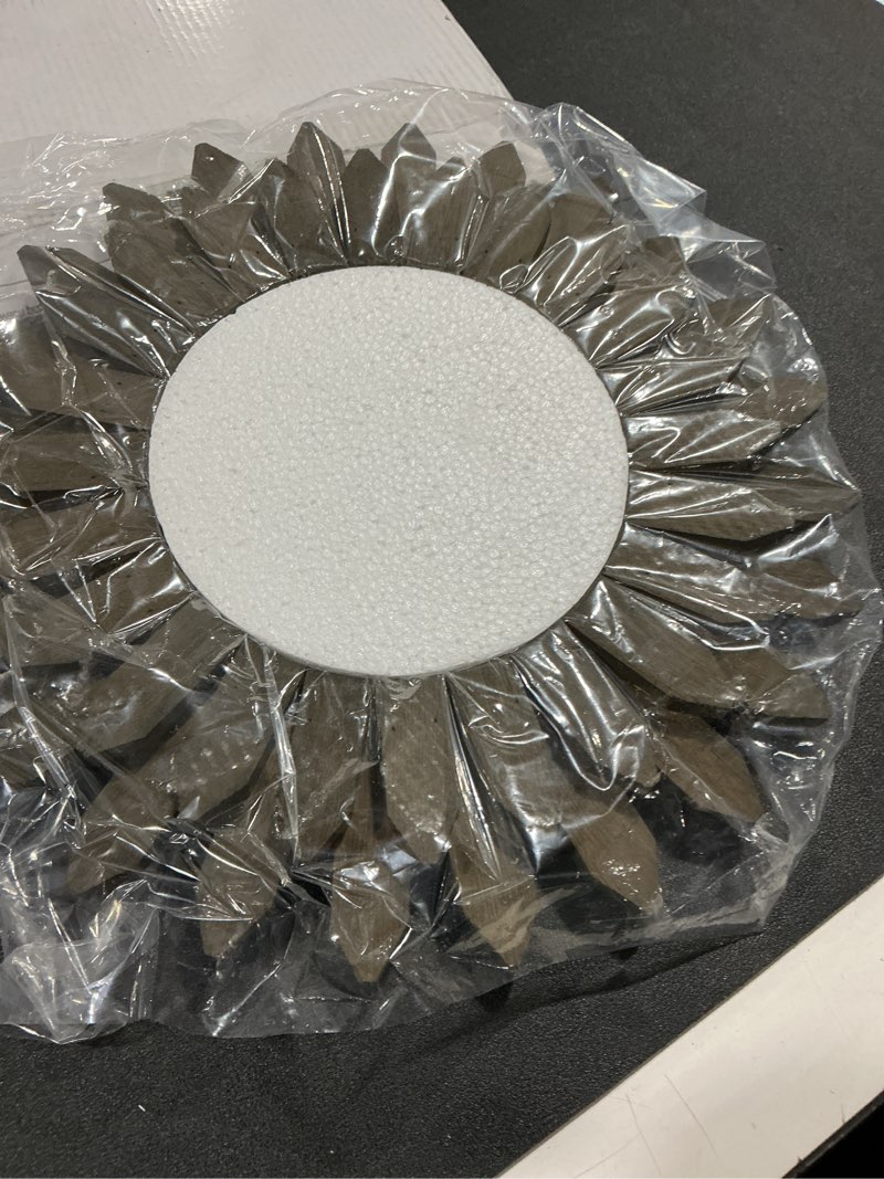 Condition photo showing Good Condition for Honiway Farmhouse Wall Decor Mirror 12 inch Sunburst Boho Wood Mirror Rustic Home Decor Room Decoration for Bedroom Living Room Weathered Grey Weathered Grey 12 inch (1 pack)