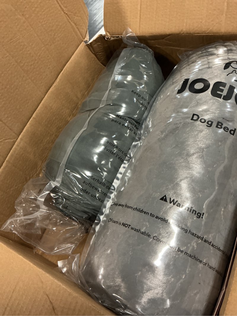 Condition photo showing New/Like New for joejoy small dog bed cat bed with hooded blanket, cozy cuddler luxury puppy pet bed, donut round calming anti-anxiety dog burrow cave bed - anti-slip bottom and machine washable 23 inch s(23" x 23" x 7") grey
