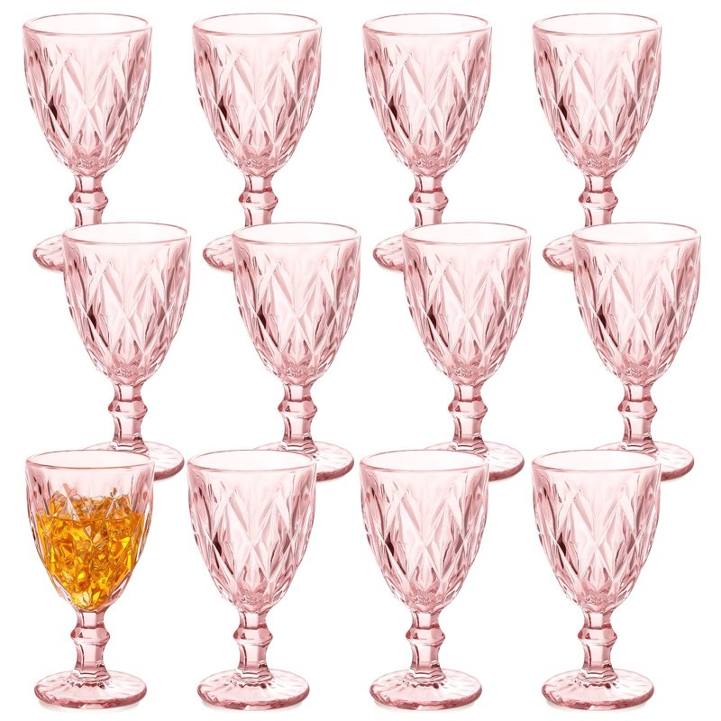 yinder glass goblet vintage wine goblet embossed glassware 10 oz solid color glass stemmed cups for iced tea beverage soda juice water liquor and party wedding bars restaurants(pink,12 pack)