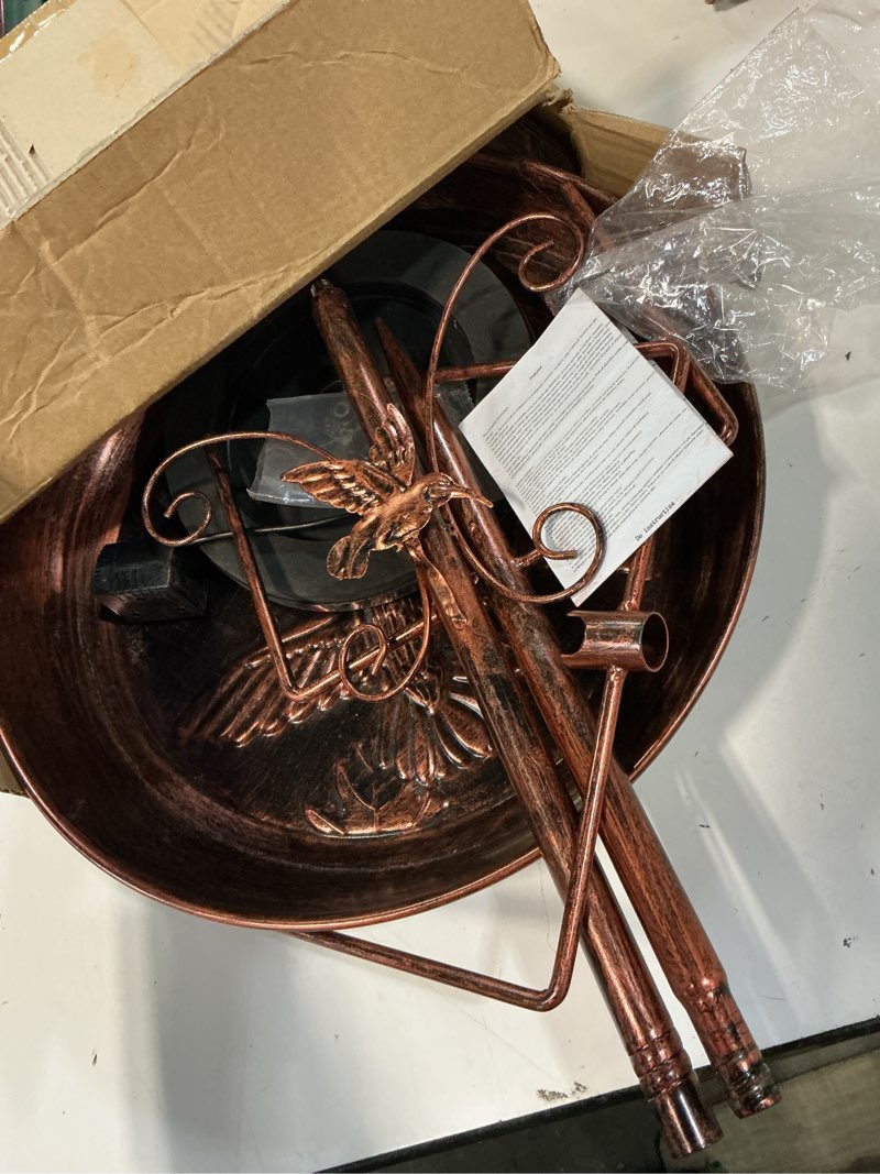 Condition photo showing Good Condition for metal bird bath with solar fountain for outdoors, 13" detachable bowl & stable 5-prong base stake, antique bronze birdbath for garden yard patio decor