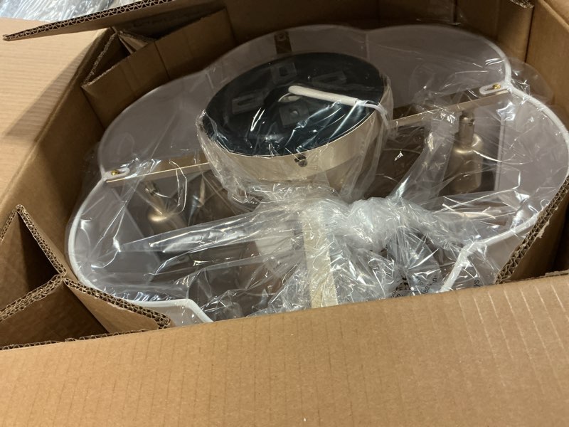 Condition photo showing New/Like New for Caged Ceiling Fan with Light, Rattan Flush Mount Ceiling Fans with Lights Remote Control, Low Profile Fabric Enclosed with 6 Speeds for Bedroom, Living Room, Foyer, Nursery (White)