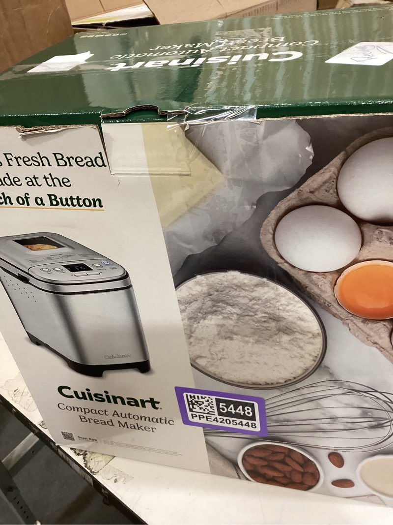 Condition photo showing New/Like New for cuisinart bread maker machine, stainless steel automatic bread machine with 12 menu options, 3 loaf sizes up to 2 lb., 3 crust colors, removable nonstick baking pan & kneading paddle, cbk-110nas