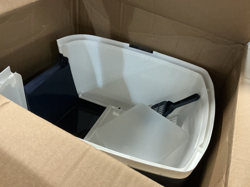 Condition photo showing Good Condition for iris usa cat litter box large with front door flap, covered enclosed litter box enclosure with scoop, handle & buckles for portability & privacy, hidden litter pan, navy jumbo enclosed navy