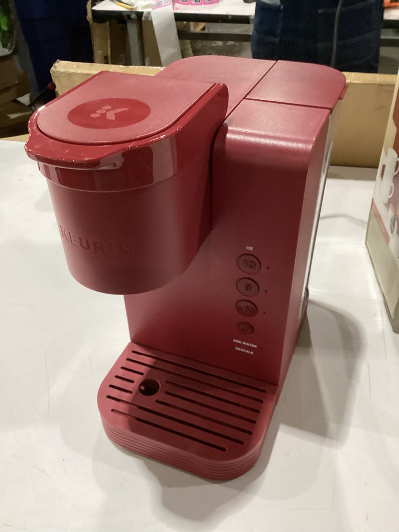 Condition photo showing As Is for used keurig k- slim single serve k-cup pod coffee maker, with 3 brew sizes, multistream technology, 46oz removable reservoir, scarlet red