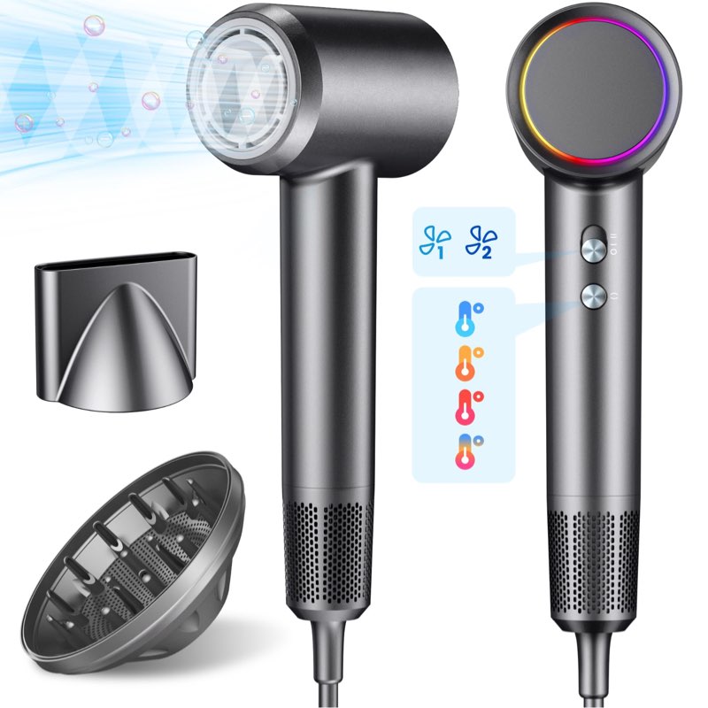 Hair Dryer with 130000 RPM High-Speed Brushless Motor, 500 Million Negative Ionic Thermo-Control, Blow Dryer, Hair Dryer with Diffuser, Nozzle, Fast Drying, Low Noise
