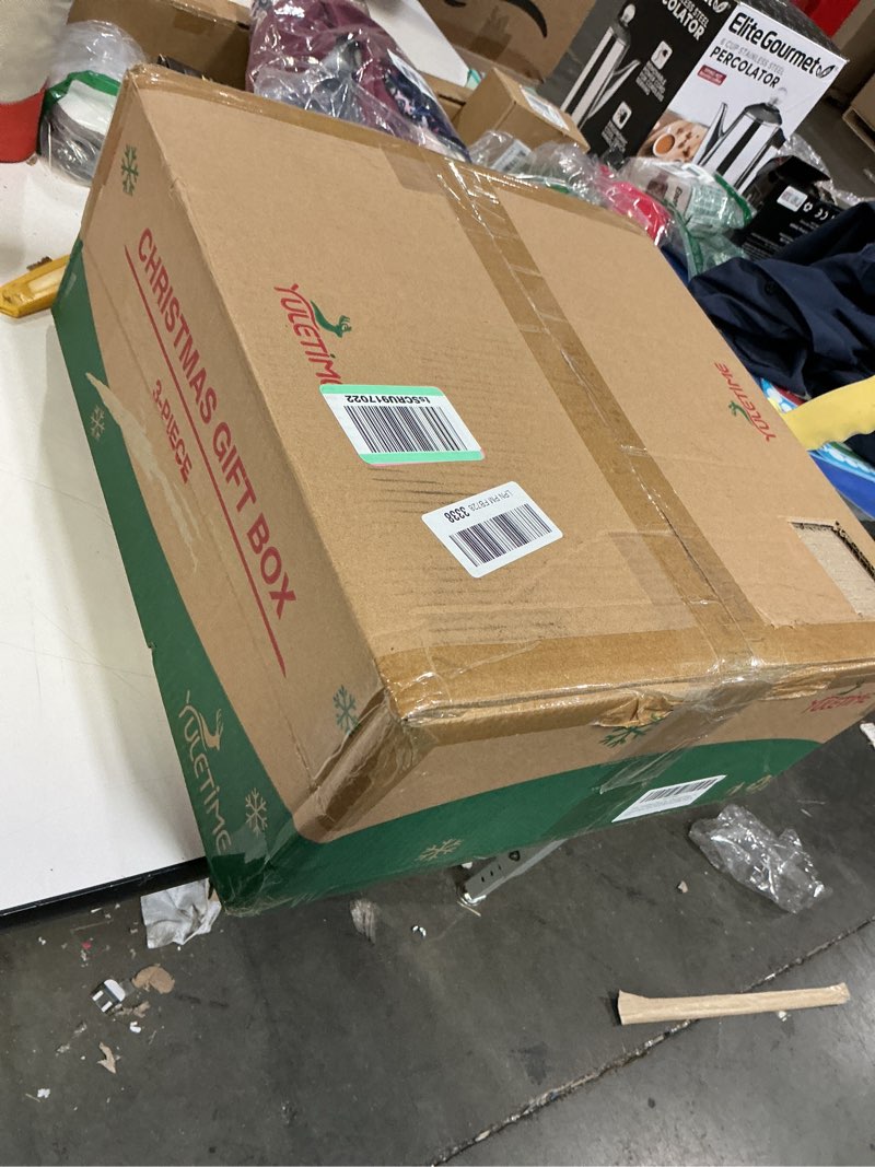 Condition photo showing New/Like New for YULETIME 3-Piece Pre-lit Decorative Gift Box – 16", 14", and 12" Red, Green & Blue Lighted Large 3D Boxes with 213 LED Mini Lights (Snow-Covered)